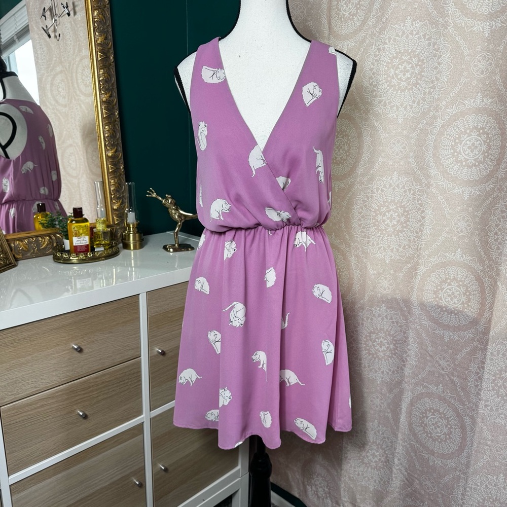 Le Kate Dusty Pink Cat Print Dress Sleeveless V-neck White Cats Kittens Cute
